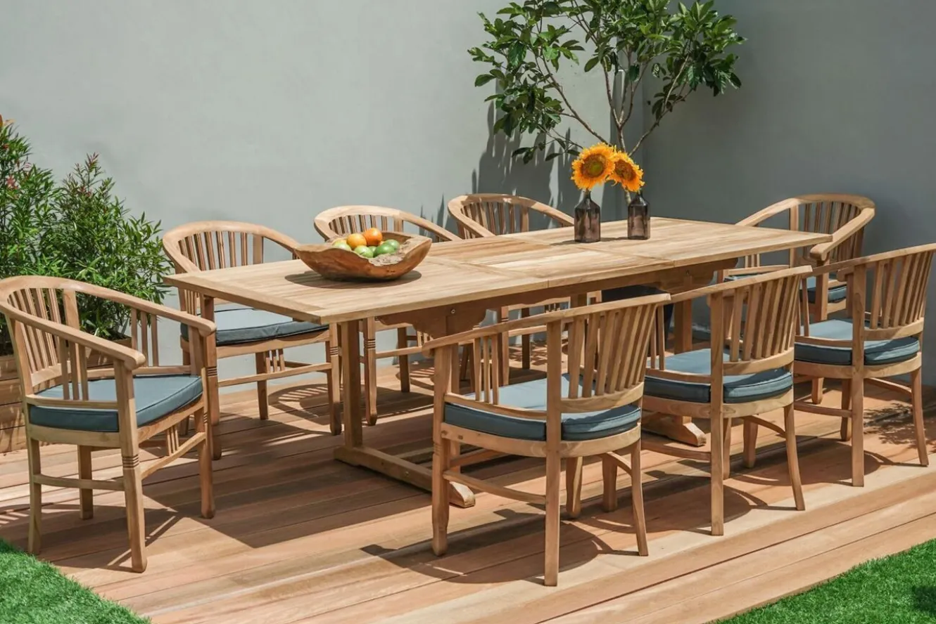 OUTFLEXX Garten-Essgruppe, Teakholz, Ausziehtisch 160/210x90cm, 8 Armlehnensessel, inkl. Polster