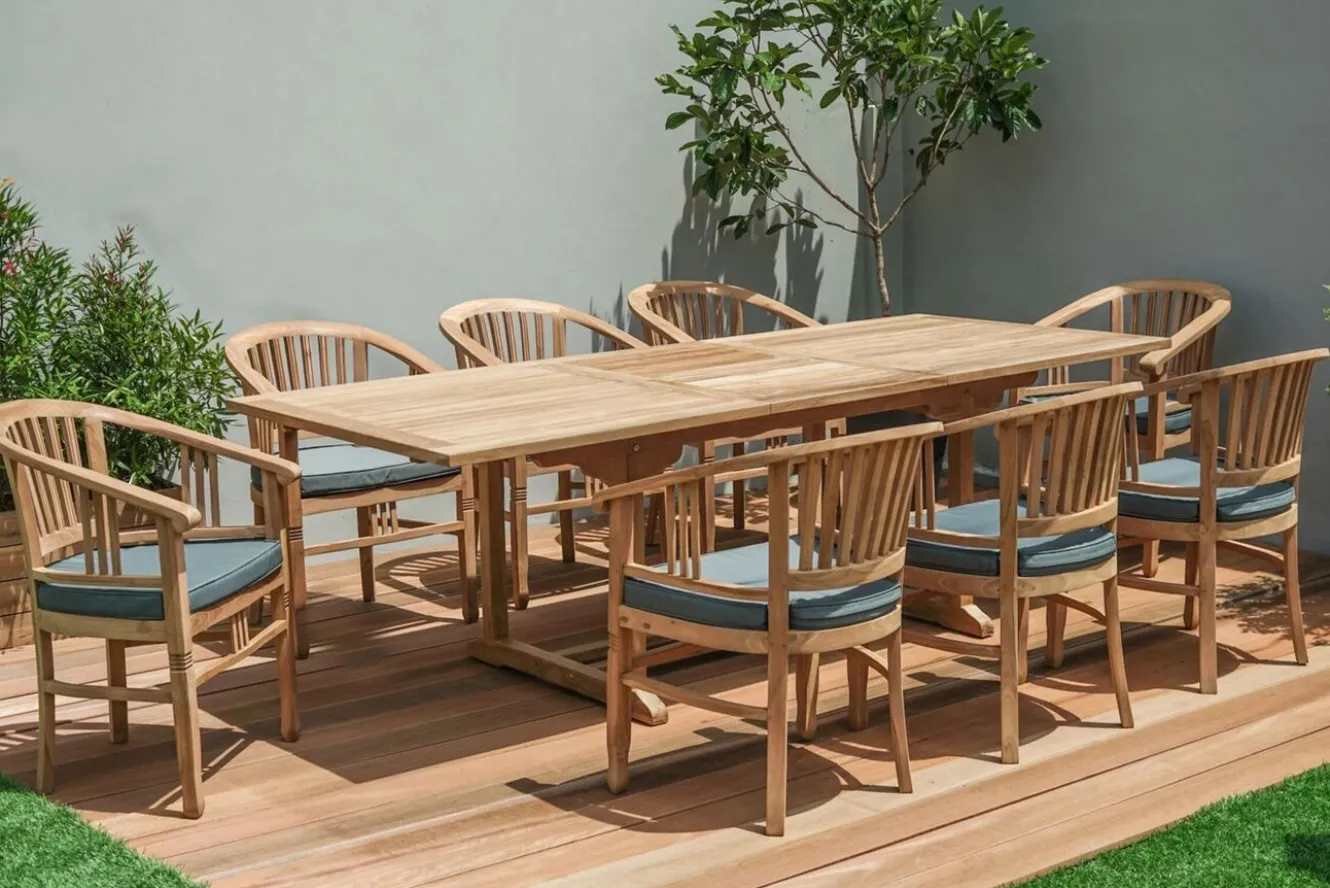OUTFLEXX Garten-Essgruppe, Teakholz, Ausziehtisch 160/210x90cm, 8 Armlehnensessel, inkl. Polster