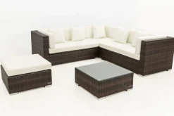 OUTFLEXX Gartenlounge, braun marmoriert, 6 Pers, Polyrattan, wasserfeste Kissenbox, inkl. Beistelltisch