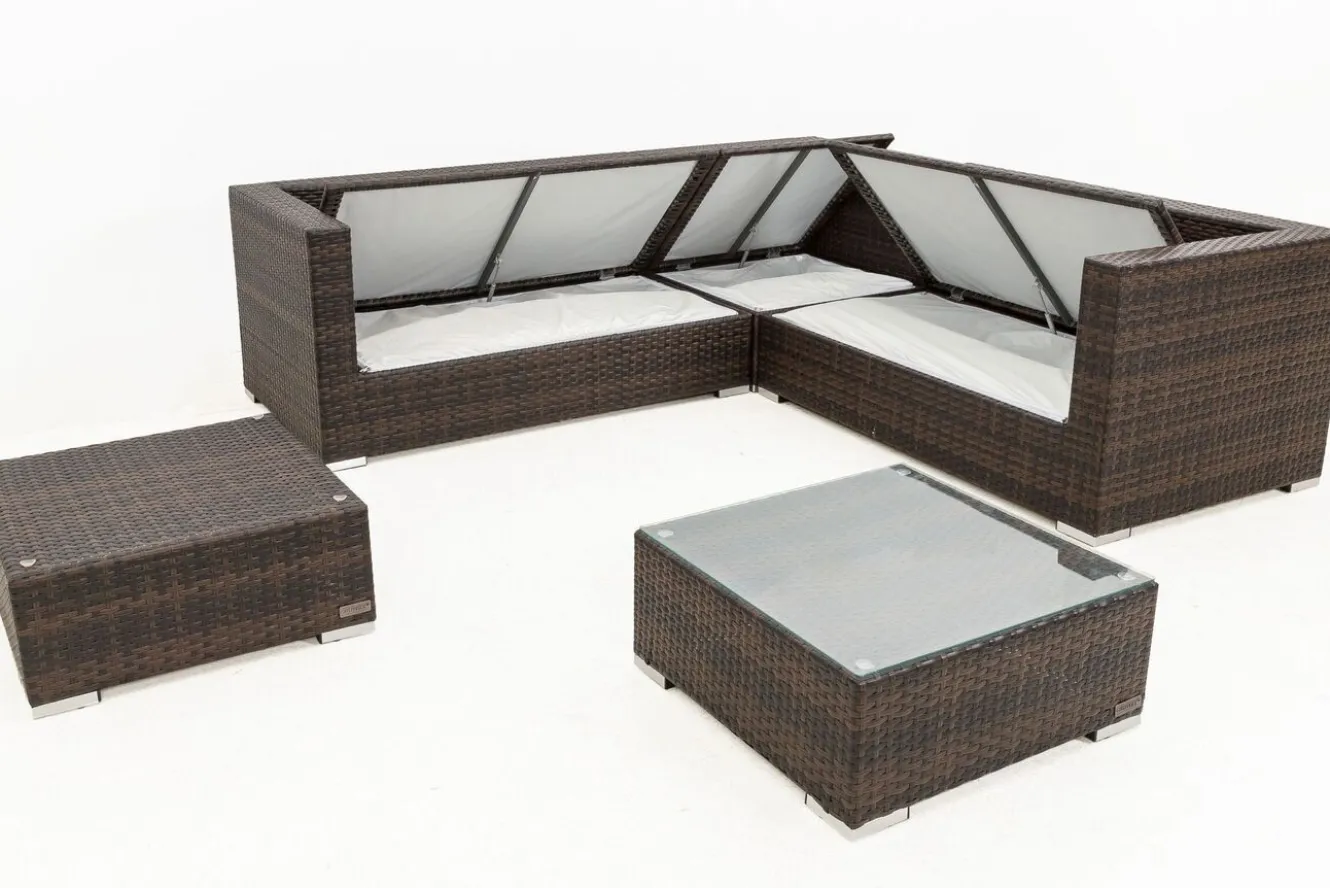 OUTFLEXX Gartenlounge, braun marmoriert, 6 Pers, Polyrattan, wasserfeste Kissenbox, inkl. Beistelltisch