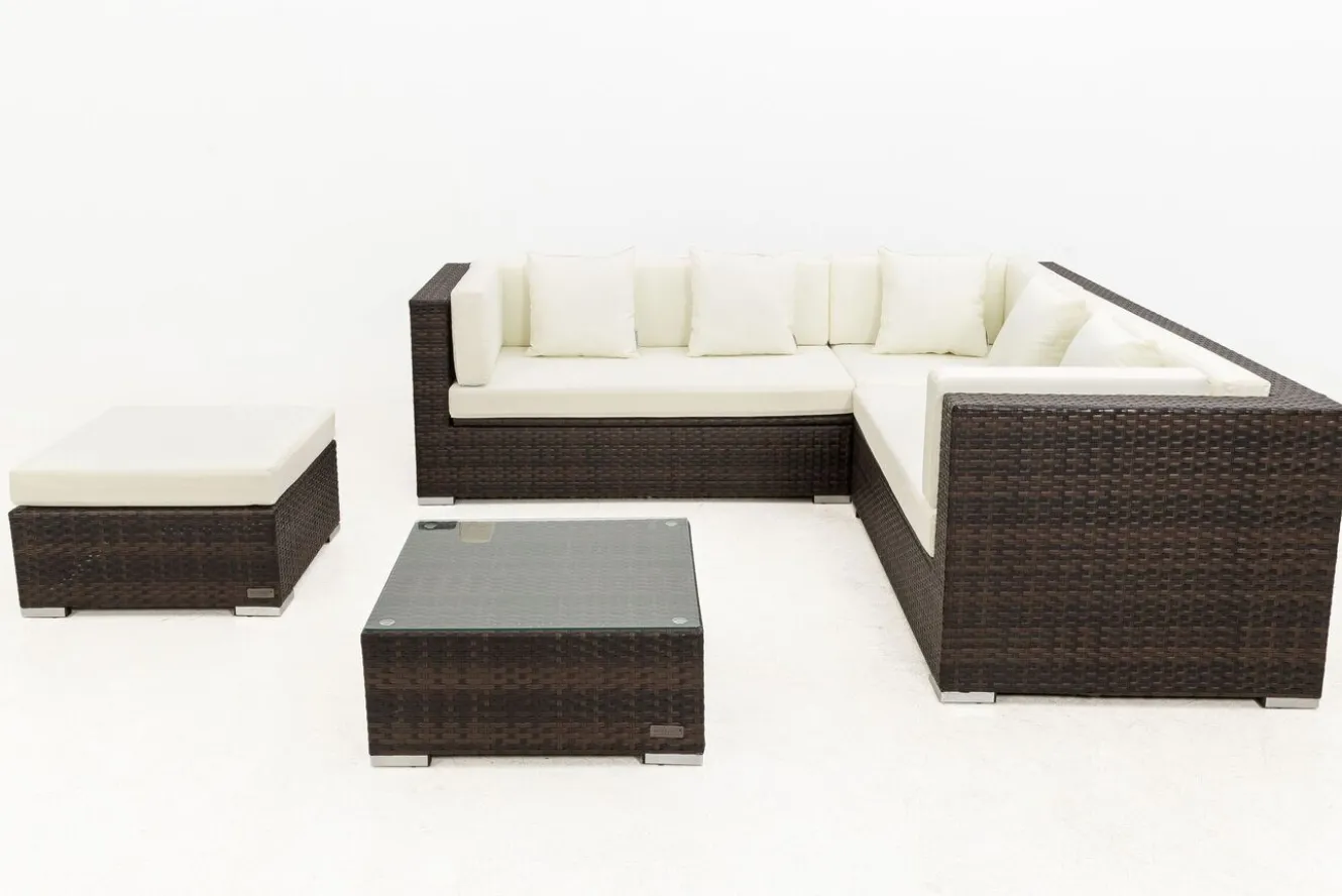 OUTFLEXX Gartenlounge, braun marmoriert, 6 Pers, Polyrattan, wasserfeste Kissenbox, inkl. Beistelltisch