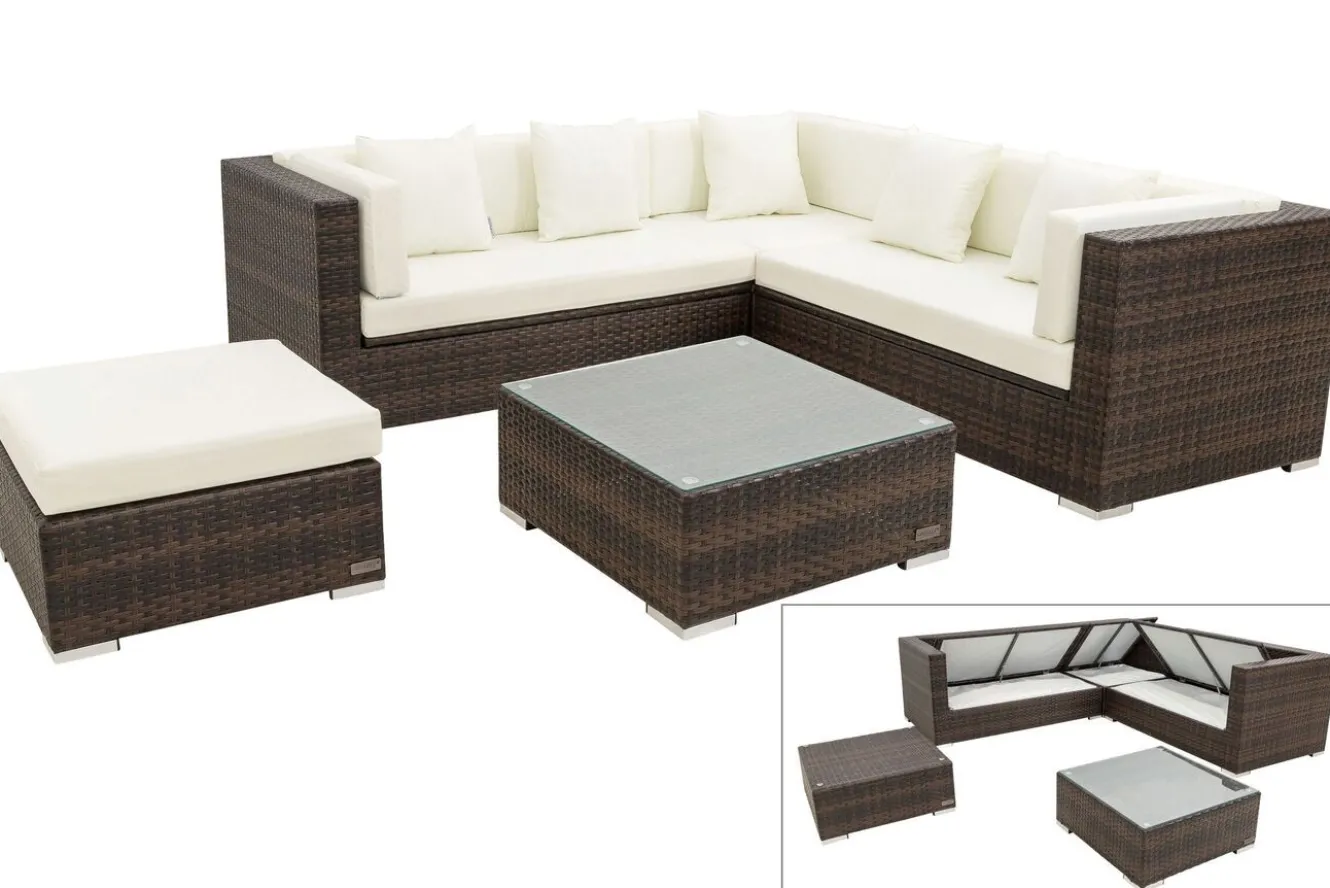 OUTFLEXX Gartenlounge, braun marmoriert, 6 Pers, Polyrattan, wasserfeste Kissenbox, inkl. Beistelltisch