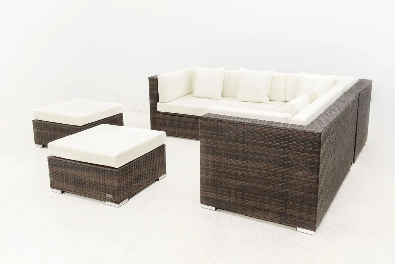 OUTFLEXX Gartenlounge, braun marmoriert, 6 Pers, Polyrattan, wasserfeste Kissenbox, inkl. Beistelltisch