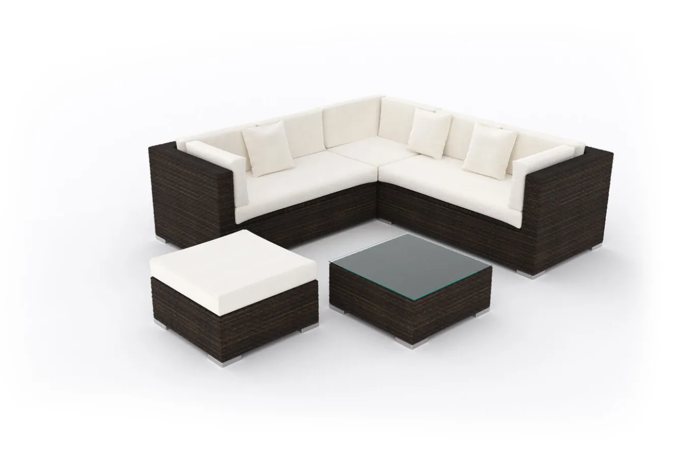 OUTFLEXX Gartenlounge, braun marmoriert, 6 Pers, Polyrattan, wasserfeste Kissenbox, inkl. Beistelltisch
