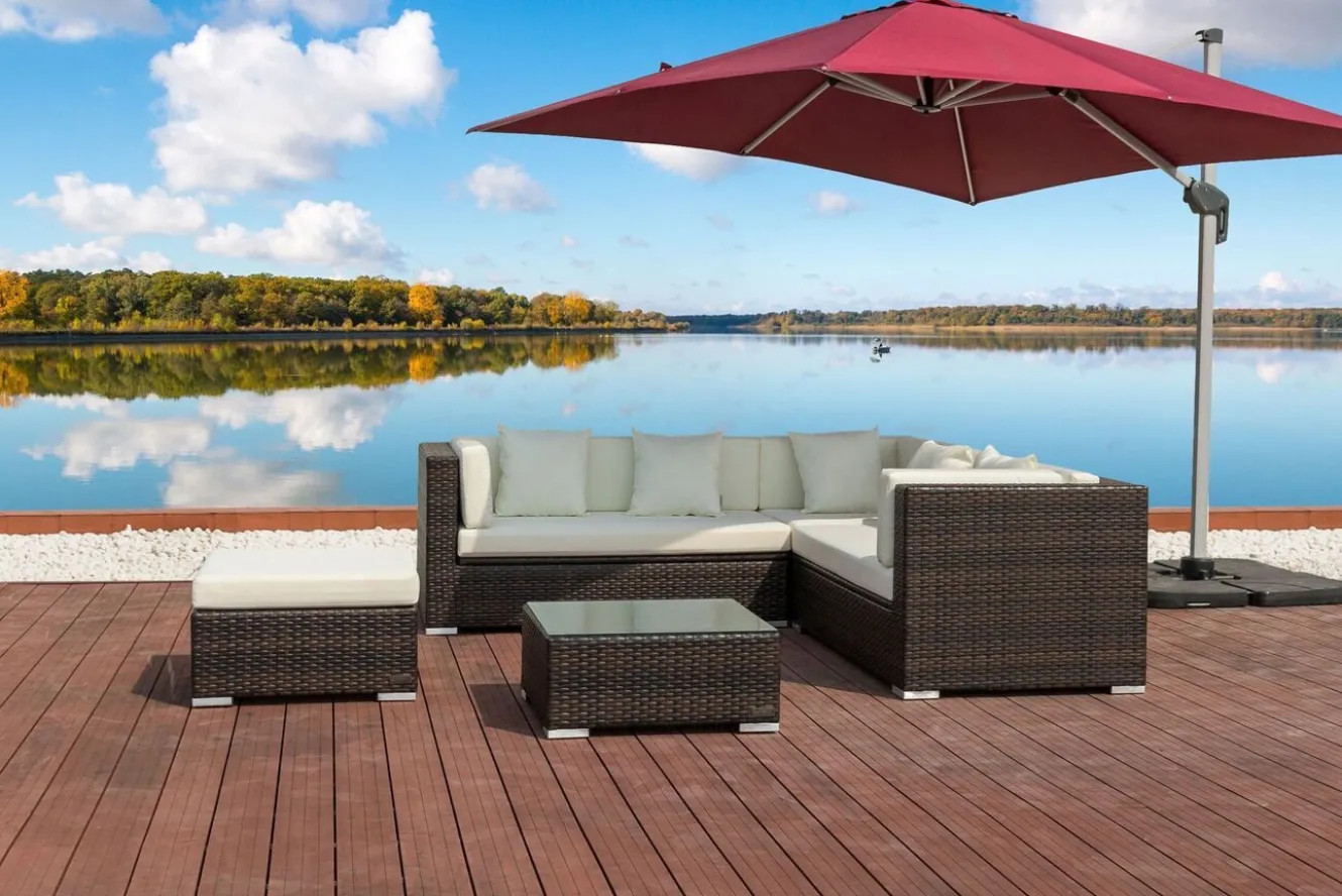 OUTFLEXX Gartenlounge, braun marmoriert, 6 Pers, Polyrattan, wasserfeste Kissenbox, inkl. Beistelltisch