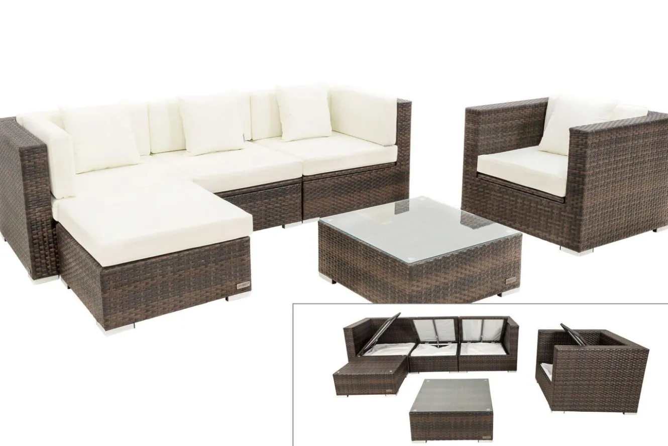 OUTFLEXX Gartenlounge, braun marmoriert, Polyrattan, 5 Pers, wasserfeste Kissenbox, inkl. Beistelltisch