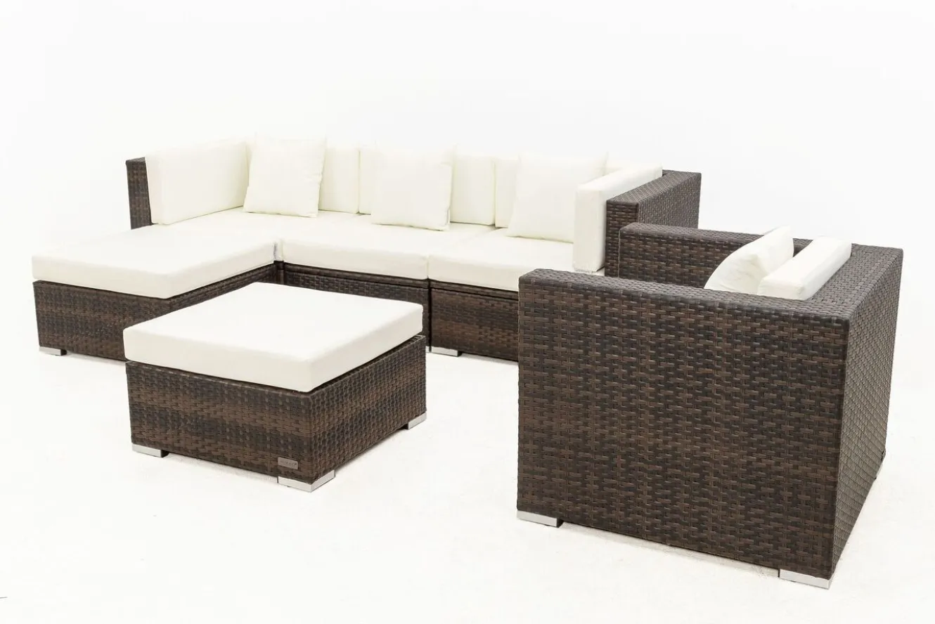OUTFLEXX Gartenlounge, braun marmoriert, Polyrattan, 5 Pers, wasserfeste Kissenbox, inkl. Beistelltisch