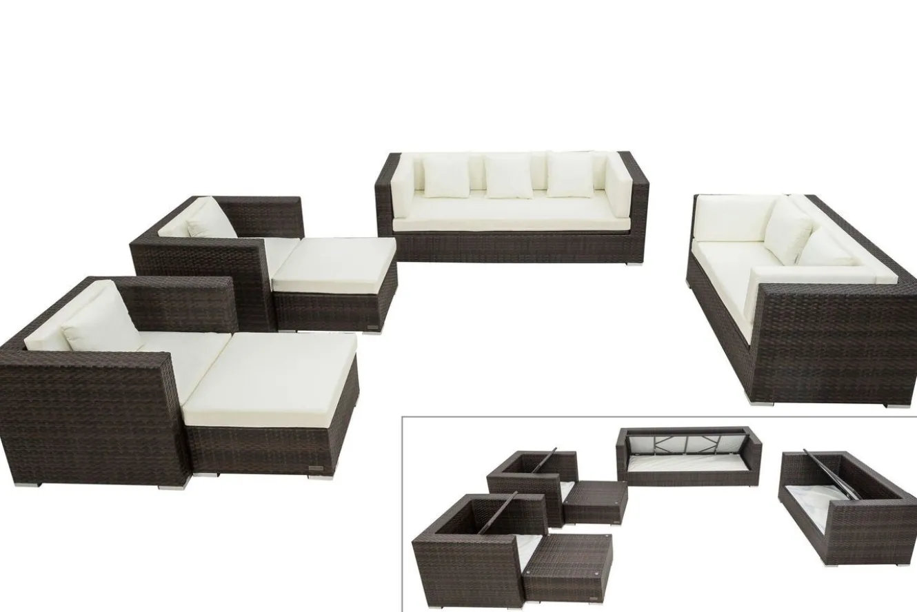 OUTFLEXX Gartenlounge, braun marmoriert, Polyrattan, 9 Pers, wasserfeste Kissenbox