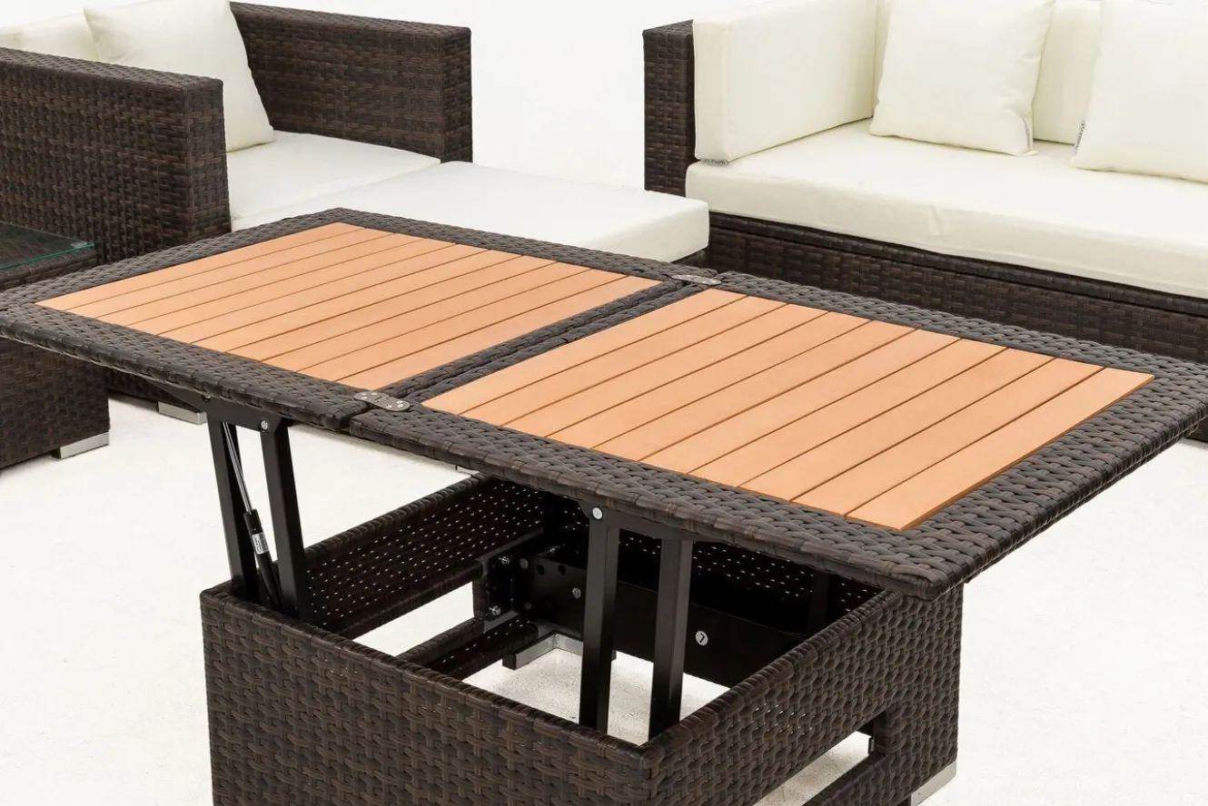 OUTFLEXX Gartenlounge, braun marmoriert, Polyrattan, 6 Pers, wasserfeste Kissenbox, inkl. Loungetisch