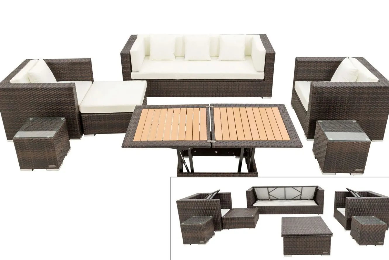 OUTFLEXX Gartenlounge, braun marmoriert, Polyrattan, 6 Pers, wasserfeste Kissenbox, inkl. Loungetisch
