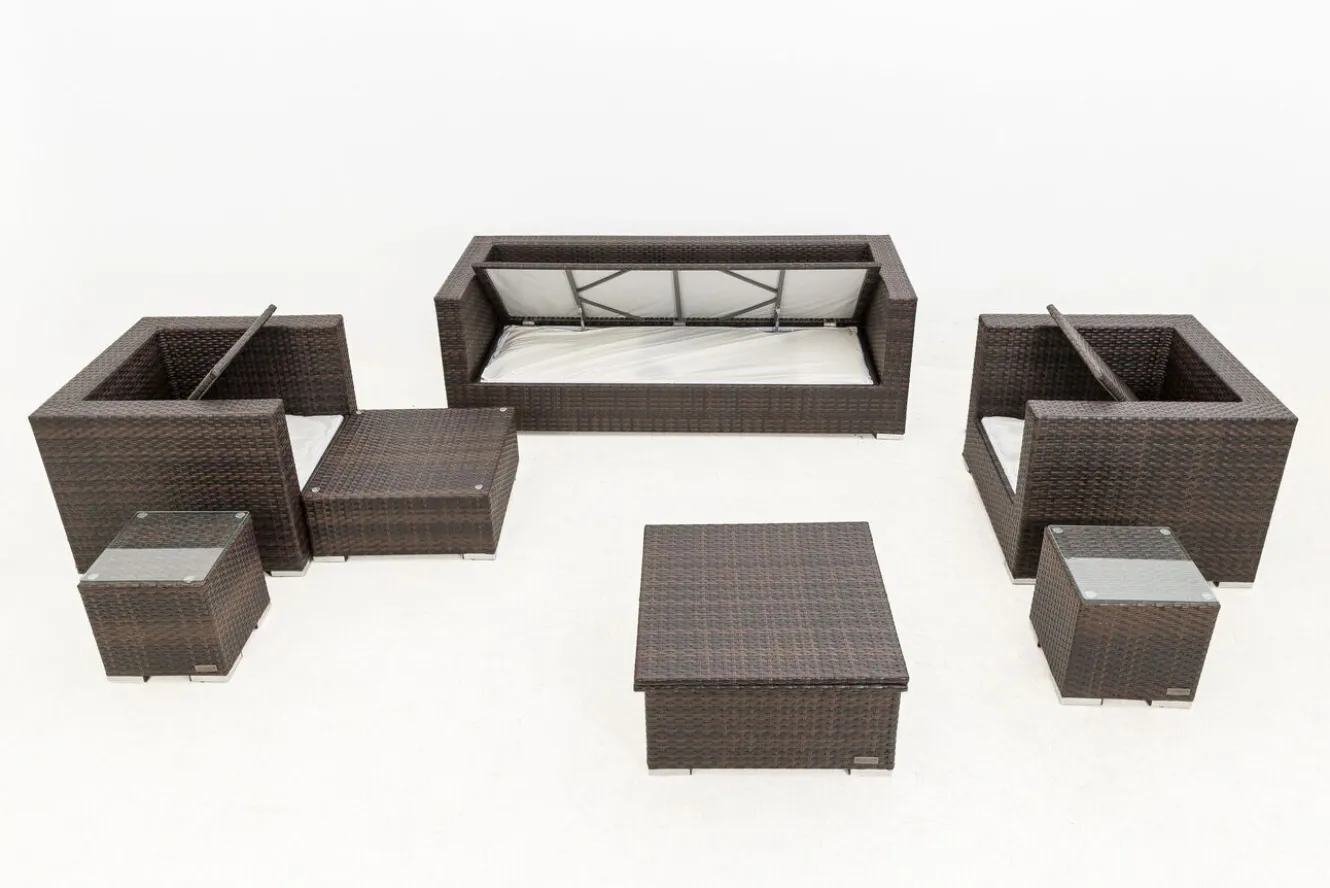 OUTFLEXX Gartenlounge, braun marmoriert, Polyrattan, 6 Pers, wasserfeste Kissenbox, inkl. Loungetisch