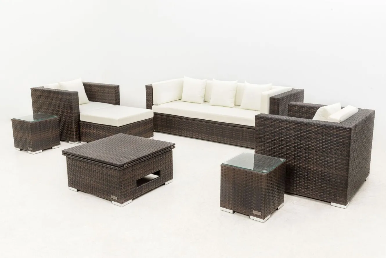 OUTFLEXX Gartenlounge, braun marmoriert, Polyrattan, 6 Pers, wasserfeste Kissenbox, inkl. Loungetisch