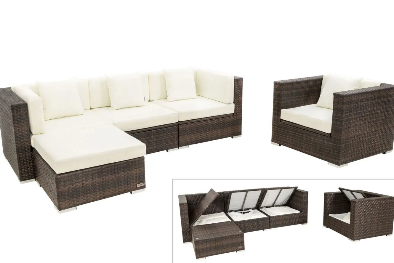 OUTFLEXX Gartenlounge, braun marmoriert, Polyrattan, 5 Pers, wasserfeste Kissenbox