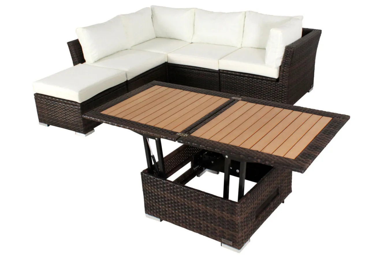 OUTFLEXX Gartenlounge, braun marmoriert, Polyrattan, inkl. Loungetisch, für 5 Personen, wasserfeste Kissenbox
