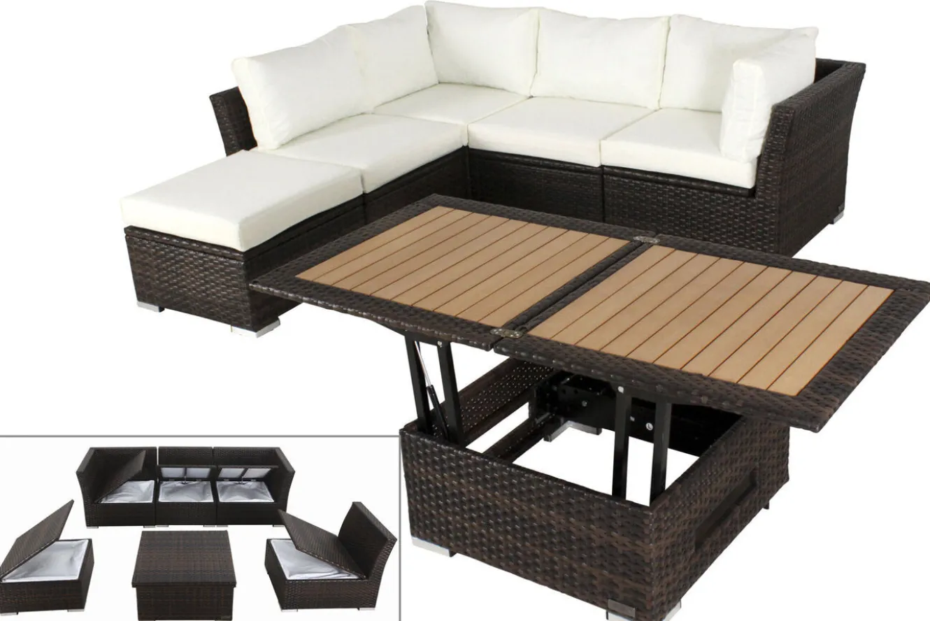 OUTFLEXX Gartenlounge, braun marmoriert, Polyrattan, inkl. Loungetisch, für 5 Personen, wasserfeste Kissenbox