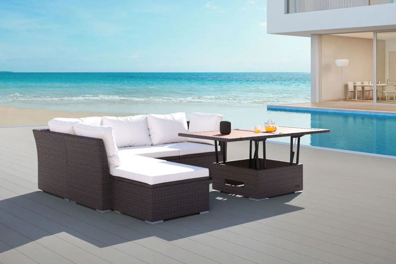 OUTFLEXX Gartenlounge, braun marmoriert, Polyrattan, inkl. Loungetisch, für 5 Personen, wasserfeste Kissenbox