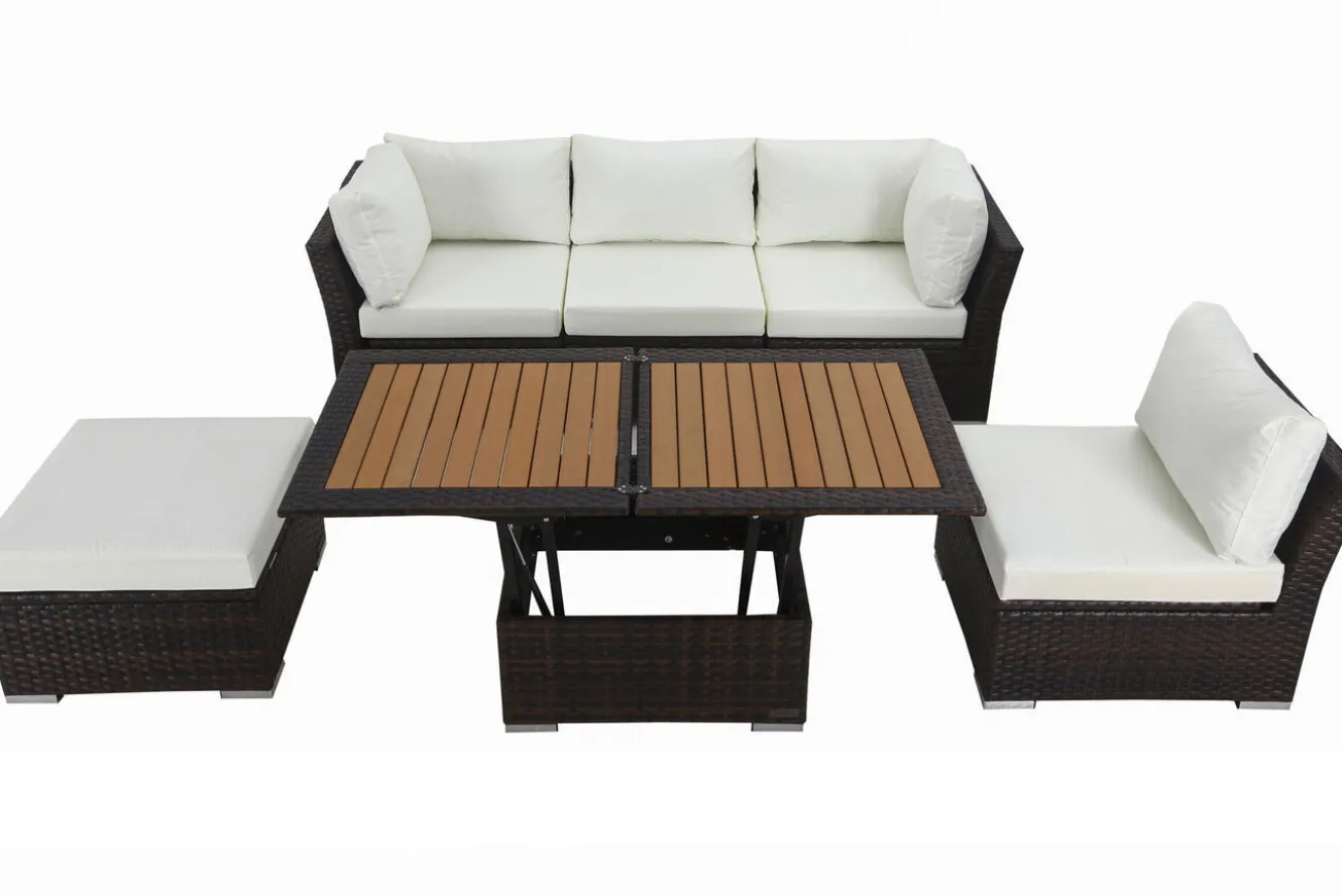 OUTFLEXX Gartenlounge, braun marmoriert, Polyrattan, inkl. Loungetisch, für 5 Personen, wasserfeste Kissenbox