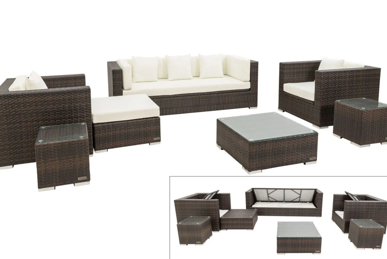 OUTFLEXX Gartenlounge, braun marmoriert, Polyrattan, 6 Pers, wasserfeste Kissenbox, inkl. Beistelltisch