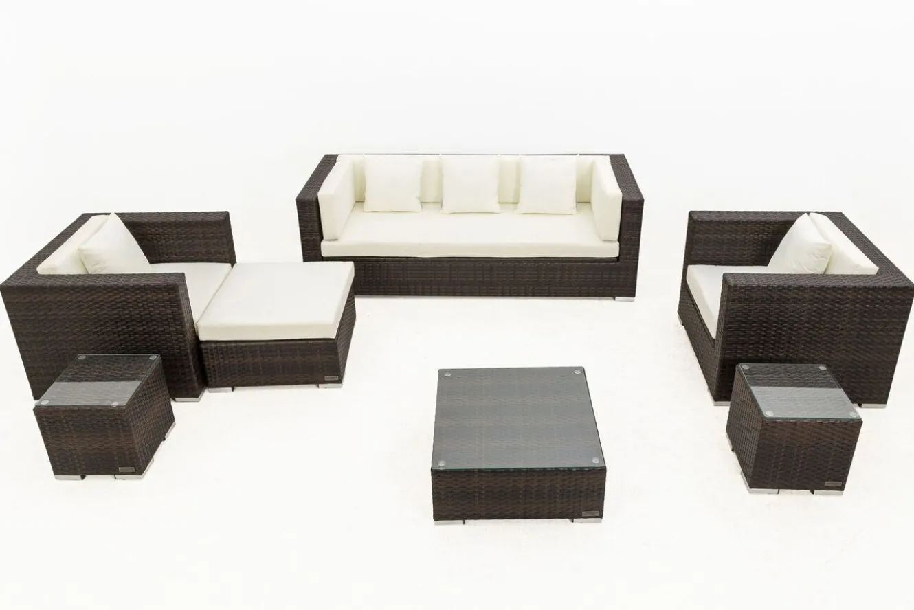 OUTFLEXX Gartenlounge, braun marmoriert, Polyrattan, 6 Pers, wasserfeste Kissenbox, inkl. Beistelltisch