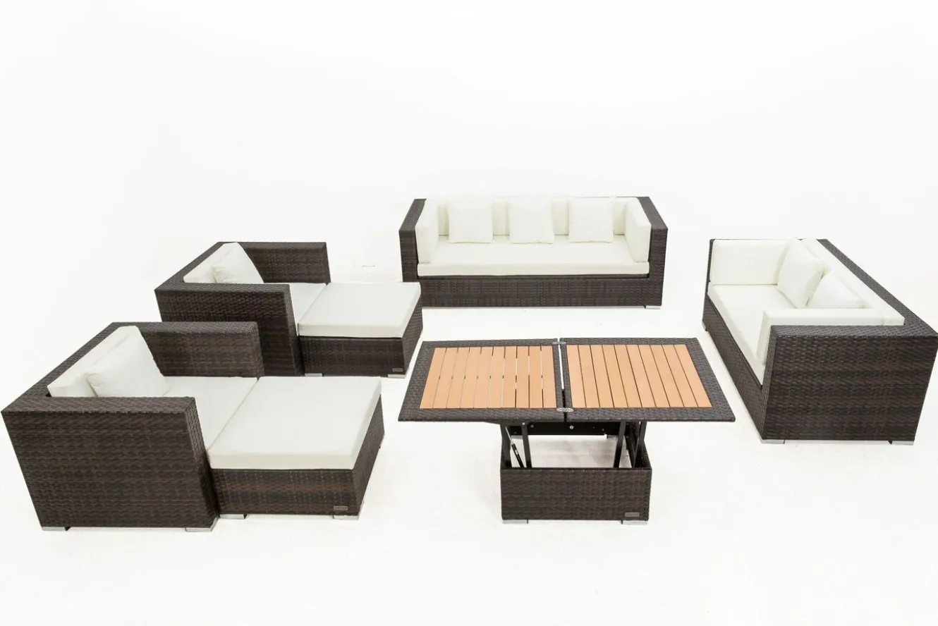 OUTFLEXX Gartenlounge, braun marmoriert, Polyrattan, 9 Pers, wasserfeste Kissenbox, inkl. Loungetisch