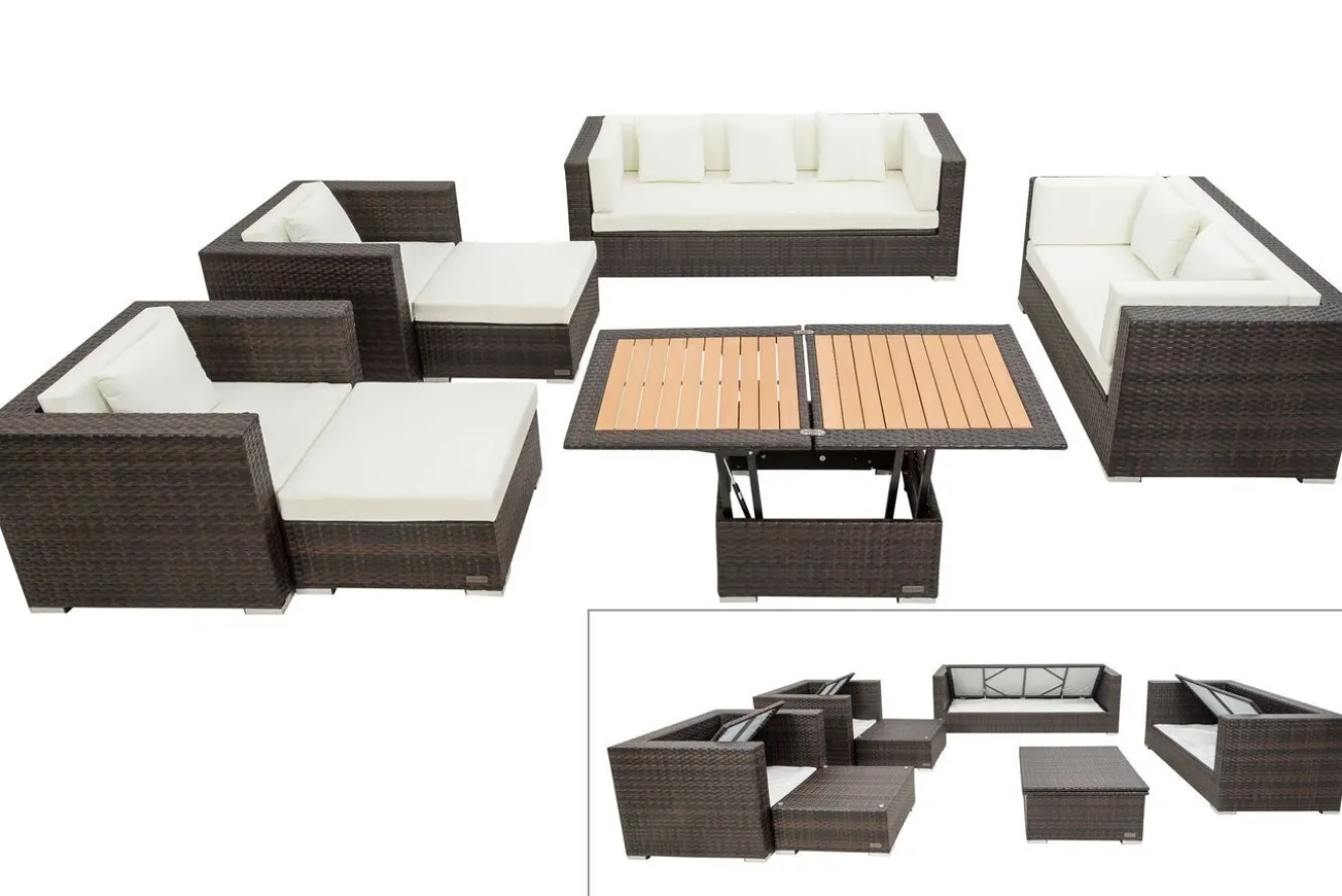 OUTFLEXX Gartenlounge, braun marmoriert, Polyrattan, 9 Pers, wasserfeste Kissenbox, inkl. Loungetisch