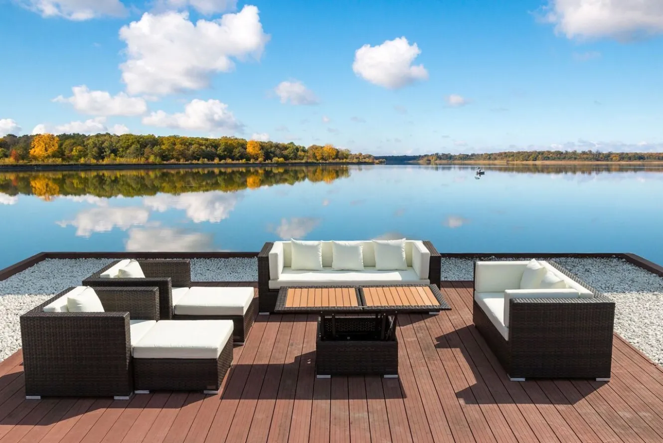 OUTFLEXX Gartenlounge, braun marmoriert, Polyrattan, 9 Pers, wasserfeste Kissenbox, inkl. Loungetisch