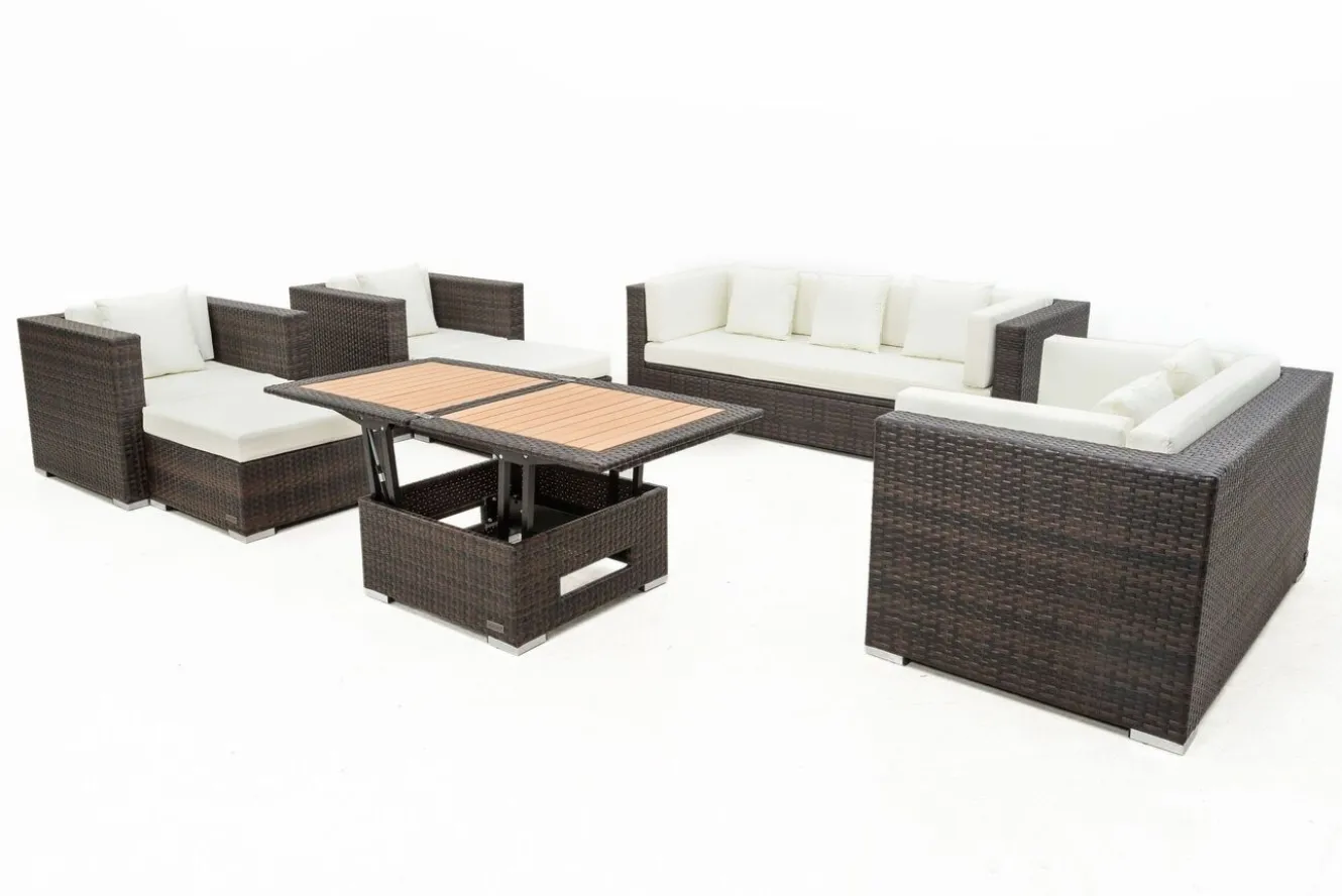 OUTFLEXX Gartenlounge, braun marmoriert, Polyrattan, 9 Pers, wasserfeste Kissenbox, inkl. Loungetisch