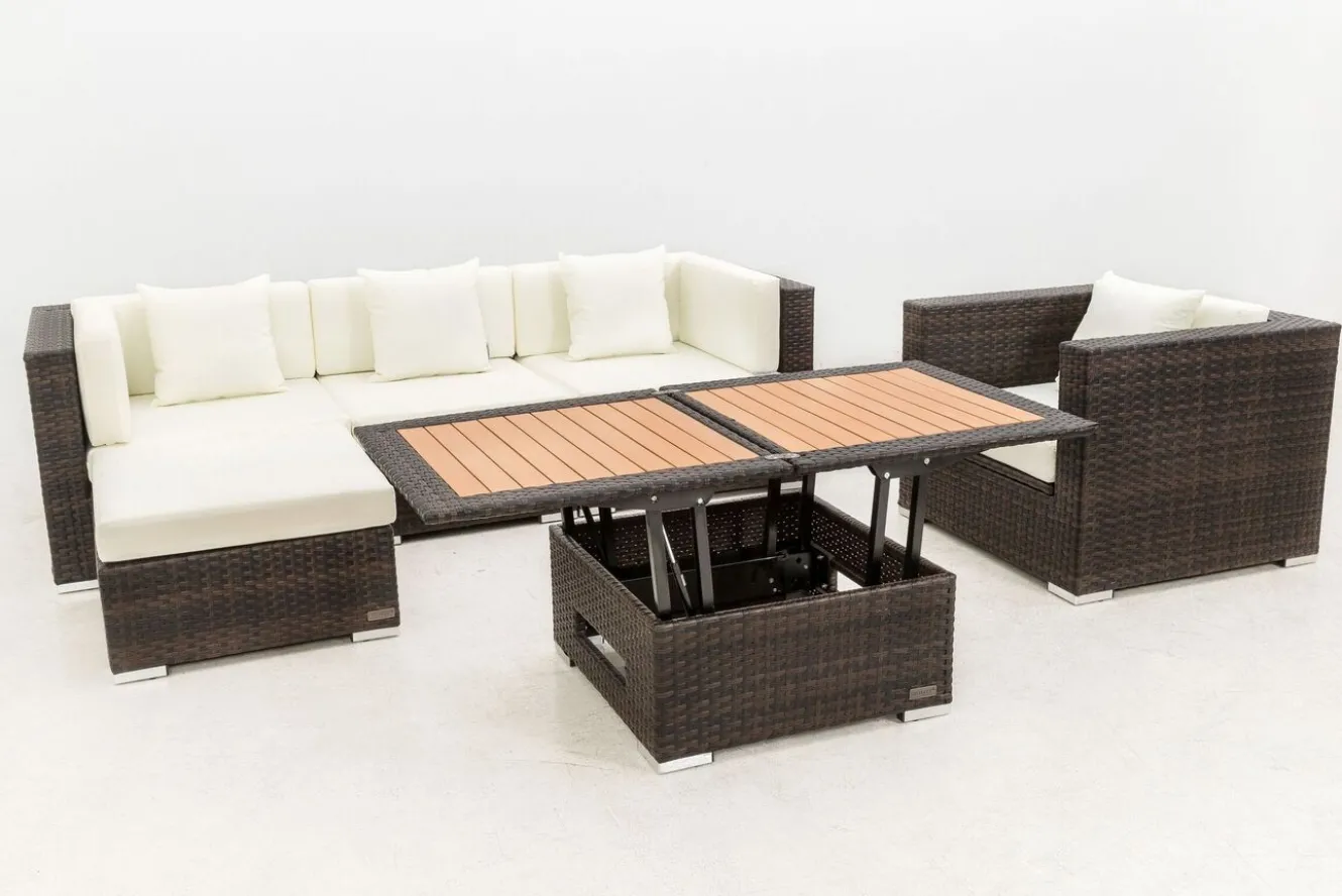 OUTFLEXX Gartenlounge, braun marmoriert, Polyrattan, 5 Pers, wasserfeste Kissenbox, inkl. Loungetisch