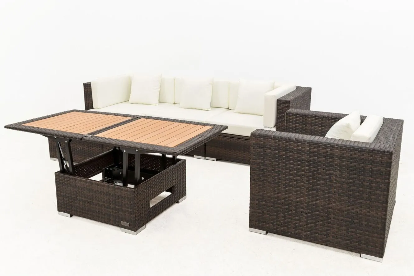 OUTFLEXX Gartenlounge, braun marmoriert, Polyrattan, 5 Pers, wasserfeste Kissenbox, inkl. Loungetisch