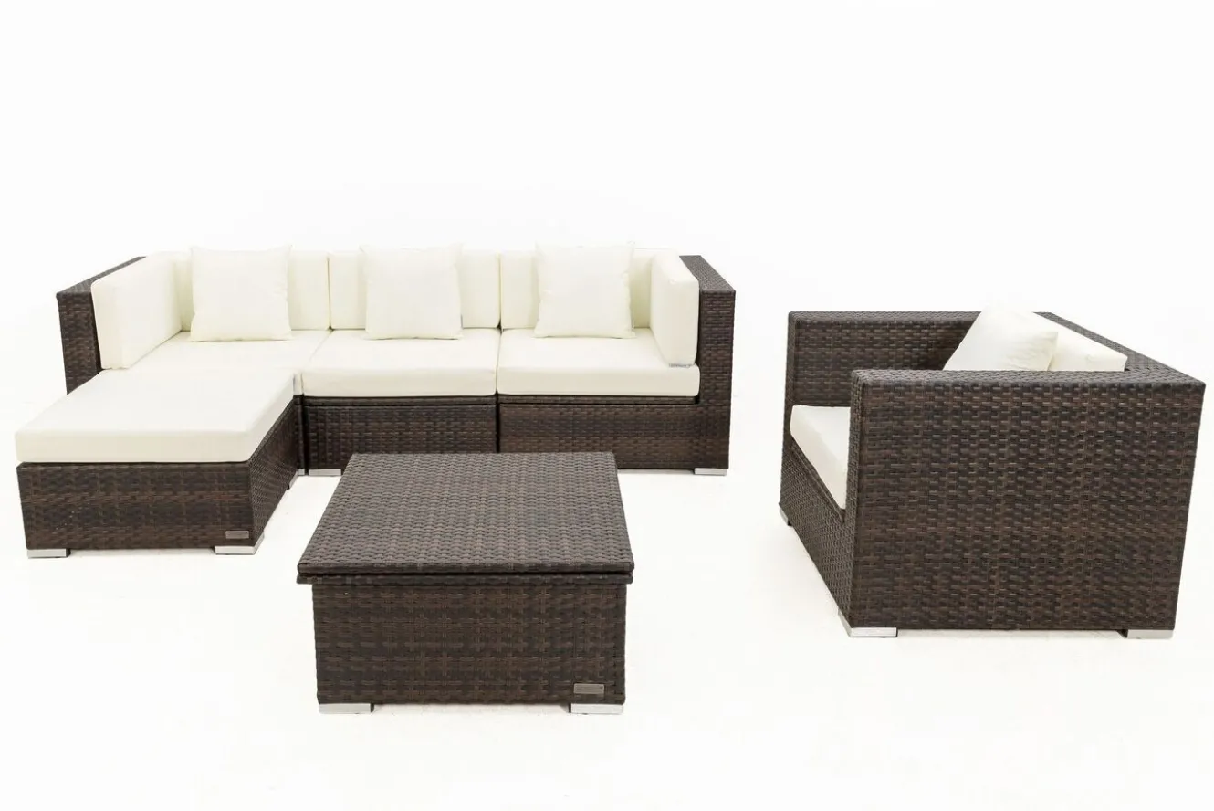 OUTFLEXX Gartenlounge, braun marmoriert, Polyrattan, 5 Pers, wasserfeste Kissenbox, inkl. Loungetisch