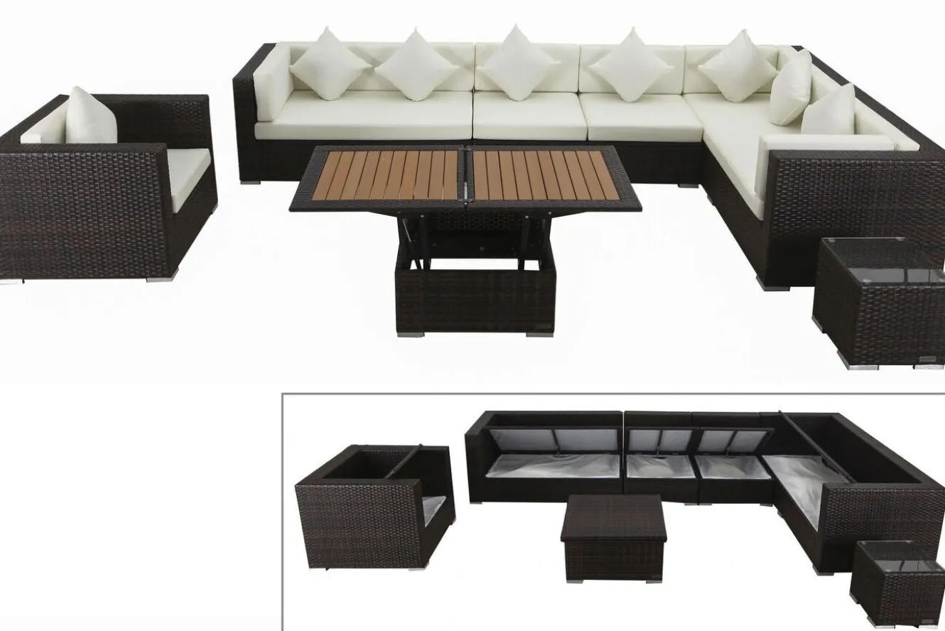 OUTFLEXX Gartenlounge, braun marmoriert, Polyrattan, 8 Pers, wasserfeste Kissenbox, inkl. Loungetisch