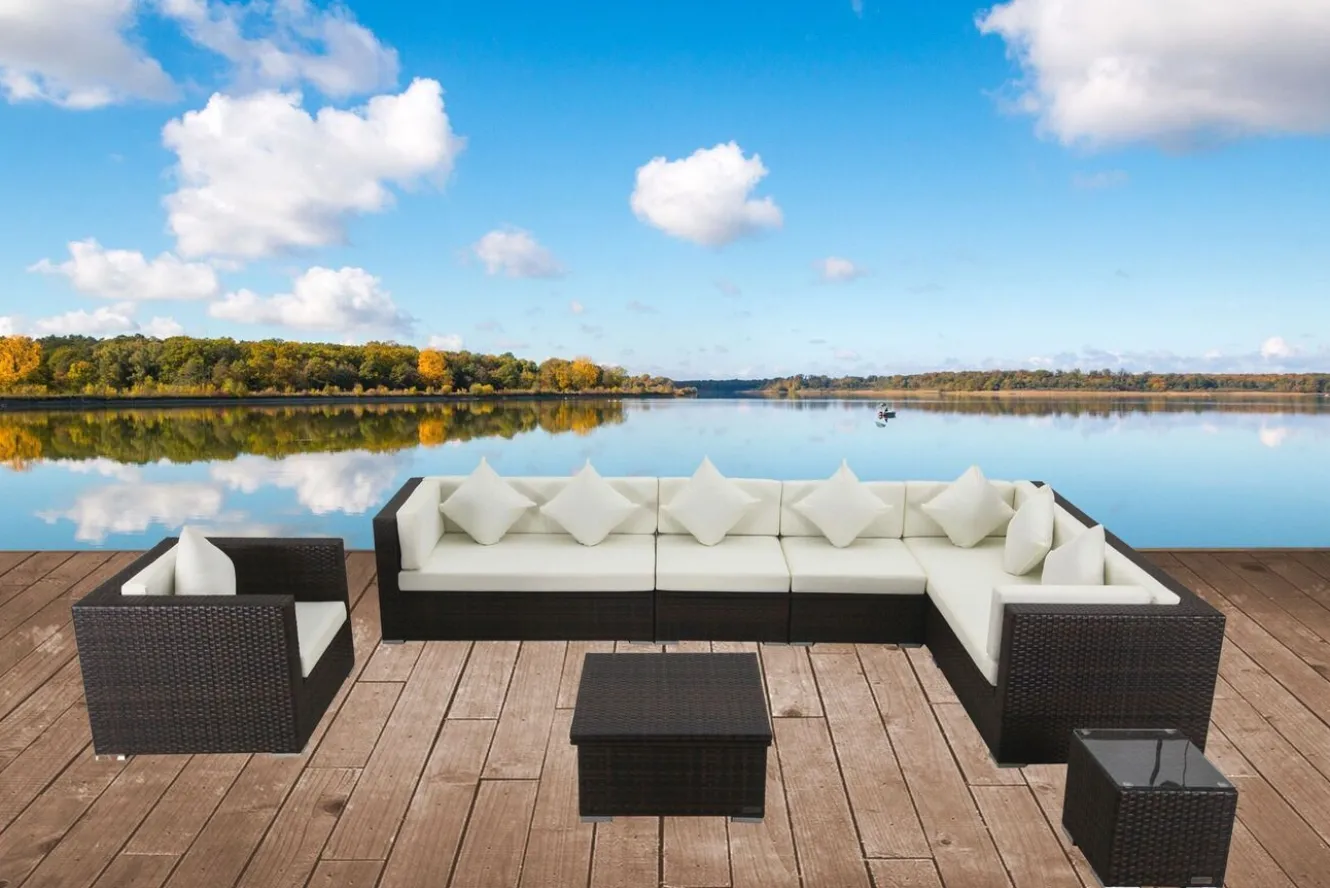 OUTFLEXX Gartenlounge, braun marmoriert, Polyrattan, 8 Pers, wasserfeste Kissenbox, inkl. Loungetisch