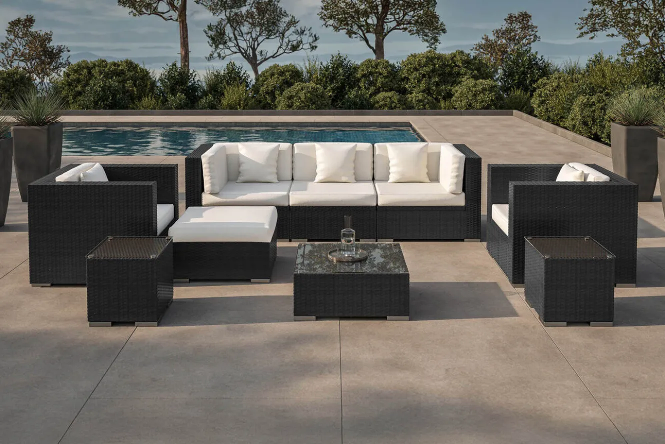 OUTFLEXX Gartenlounge, creme/weiß, schwarz, Polyrattan, für 6 Personen, inkl. Kaffeetisch, wasserfeste Kissenbox