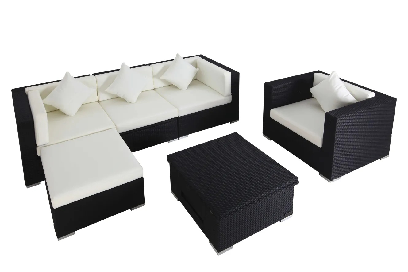 OUTFLEXX Gartenlounge, creme/weiß, schwarz, Polyrattan, 5 Personen, inkl. Loungetisch, wasserfeste Kissenbox