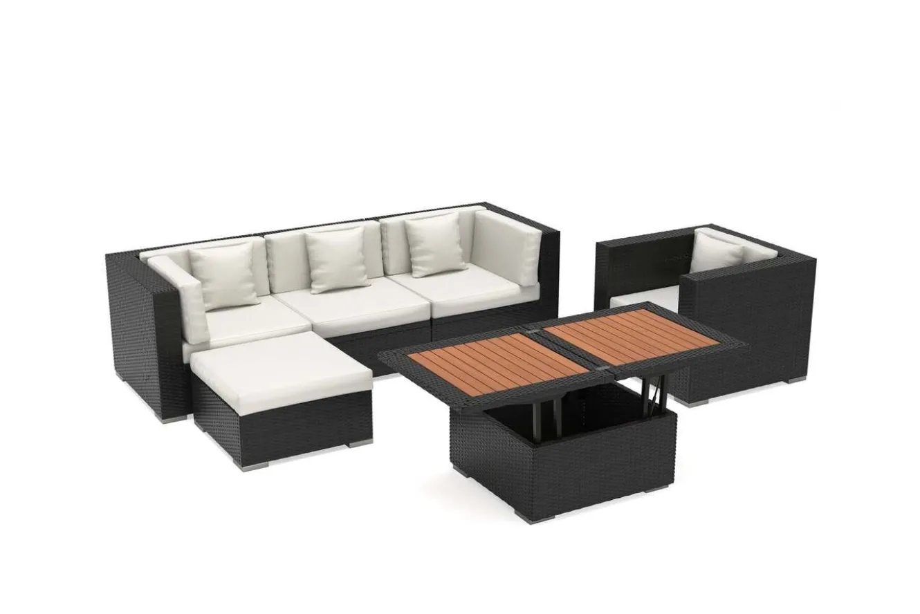 OUTFLEXX Gartenlounge, creme/weiß, schwarz, Polyrattan, 5 Personen, inkl. Loungetisch, wasserfeste Kissenbox