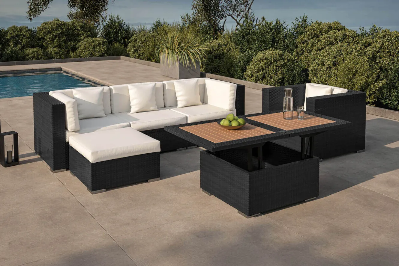 OUTFLEXX Gartenlounge, creme/weiß, schwarz, Polyrattan, 5 Personen, inkl. Loungetisch, wasserfeste Kissenbox