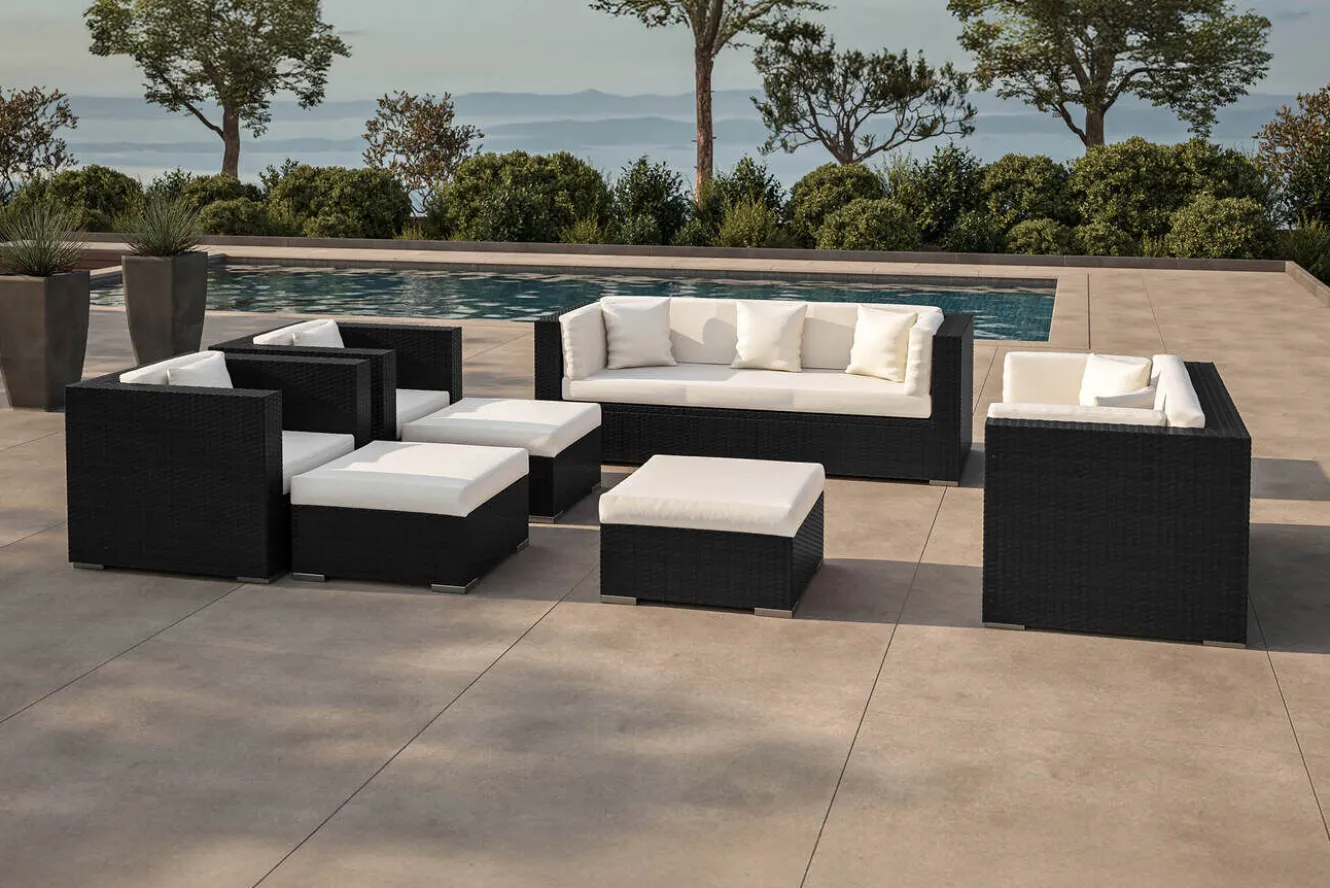 OUTFLEXX Gartenlounge, creme/weiß, creme/weiß, schwarz, Polyrattan, für 9, inkl. Kaffeetisch, wasserfeste Kissenbox Personen