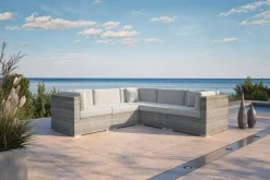OUTFLEXX Gartenlounge für 5 Personen, beige, Alu/Polyrattan, Eck- und Mittelmodule, modular verstellbar, mit Kissenboxfunktion