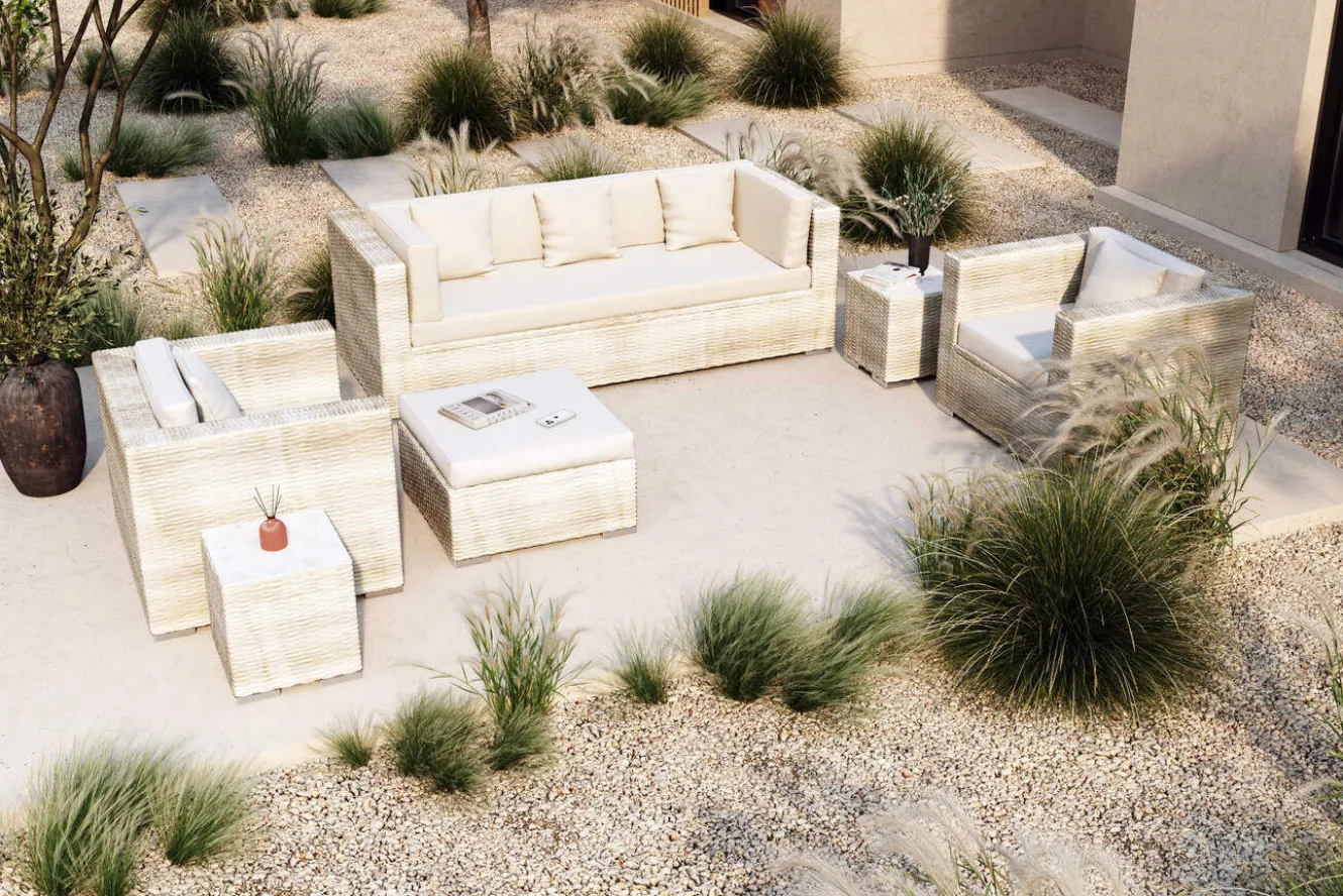 OUTFLEXX Gartenlounge für 5 Personen, dessert-beige, Alu/Polyrattan, modular verstellbar, mit Kissenboxfunktion