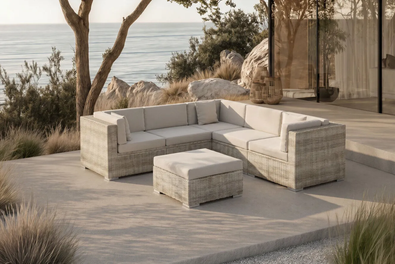 OUTFLEXX Gartenlounge für 5 Personen, 6-teilig, desert-beige, Alu/Polyrattan, mit Kissenboxfunktion, modular verstellbar