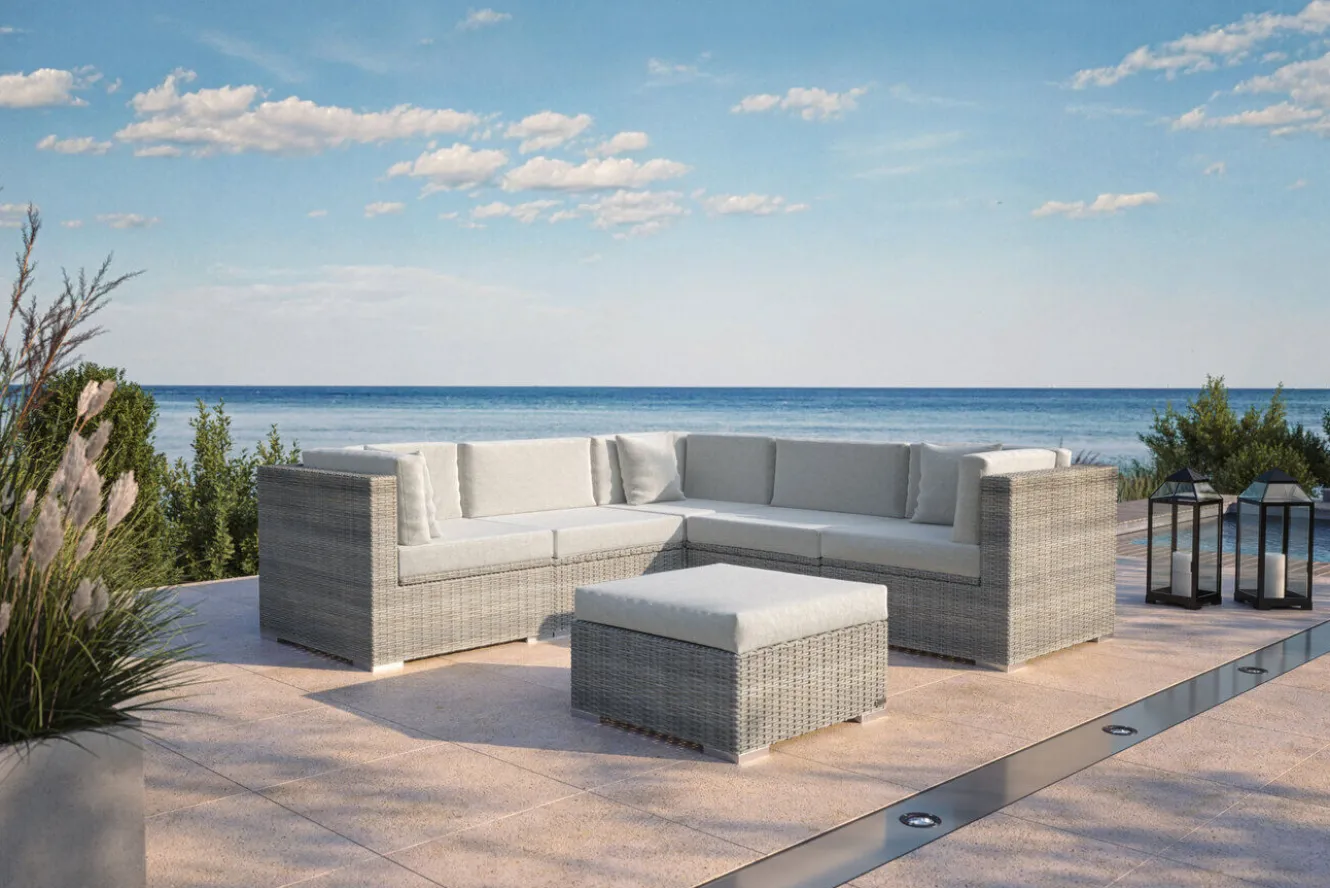 OUTFLEXX Gartenlounge für 5 Personen, 6-teilig, desert-beige, Alu/Polyrattan, mit Kissenboxfunktion, modular verstellbar
