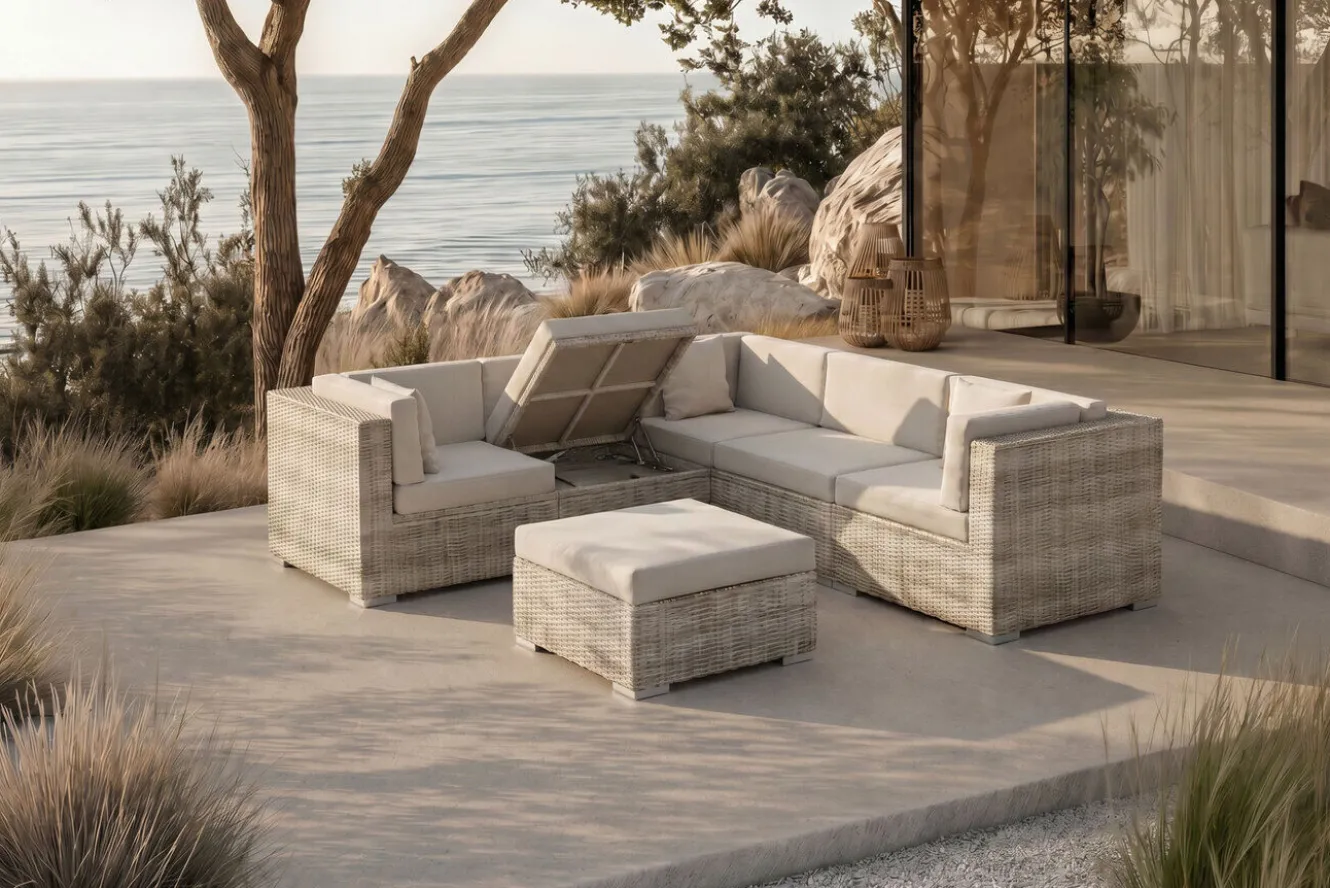 OUTFLEXX Gartenlounge für 5 Personen, 6-teilig, desert-beige, Alu/Polyrattan, mit Kissenboxfunktion, modular verstellbar