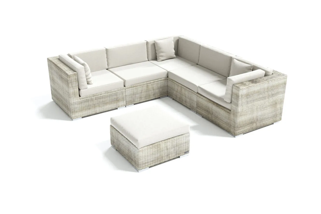 OUTFLEXX Gartenlounge für 5 Personen, 6-teilig, desert-beige, Alu/Polyrattan, mit Kissenboxfunktion, modular verstellbar