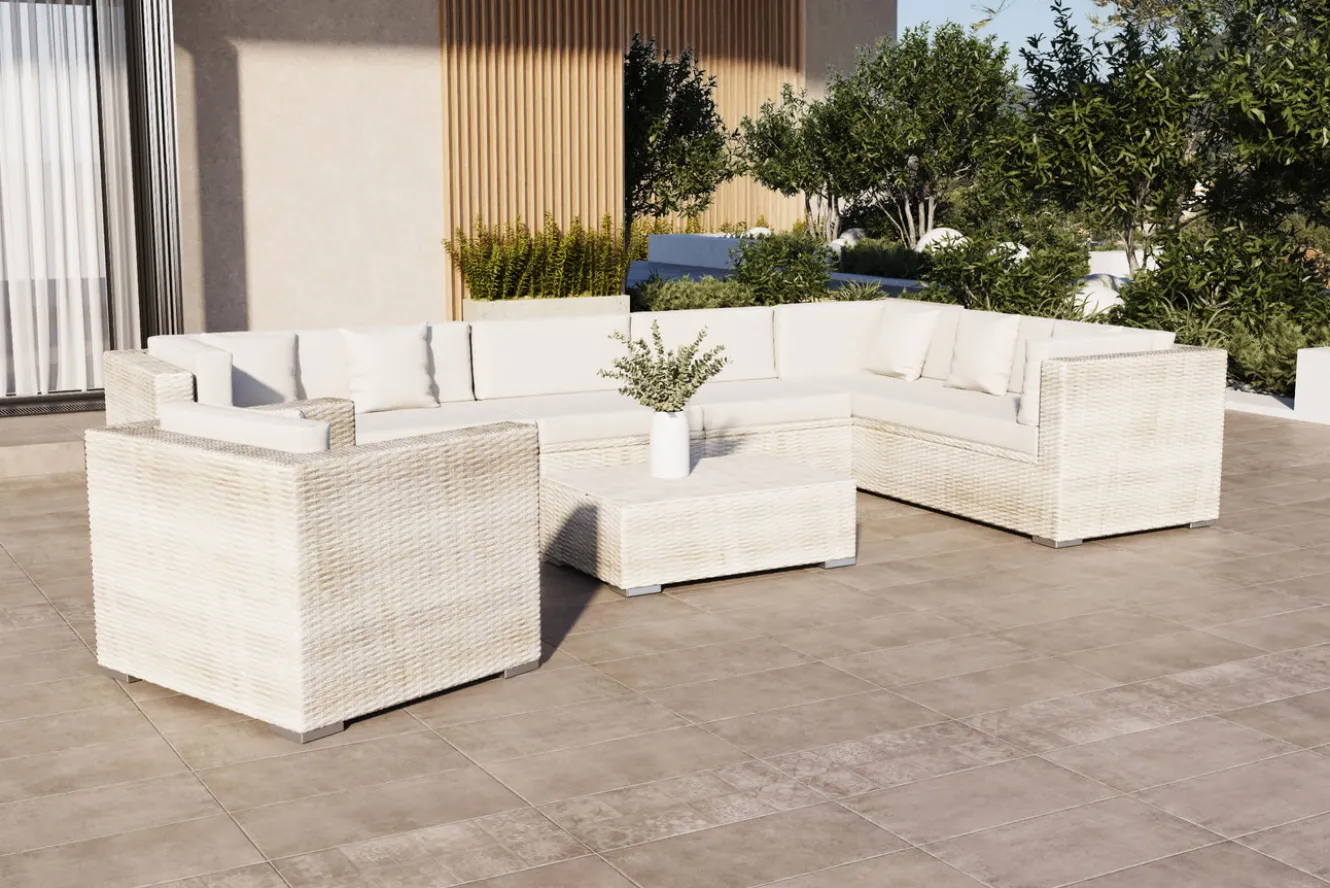 OUTFLEXX Gartenlounge für 8 Personen, desert-beige, Alu/Polyrattan, modular verstellbar, mit Kissenboxfunktion