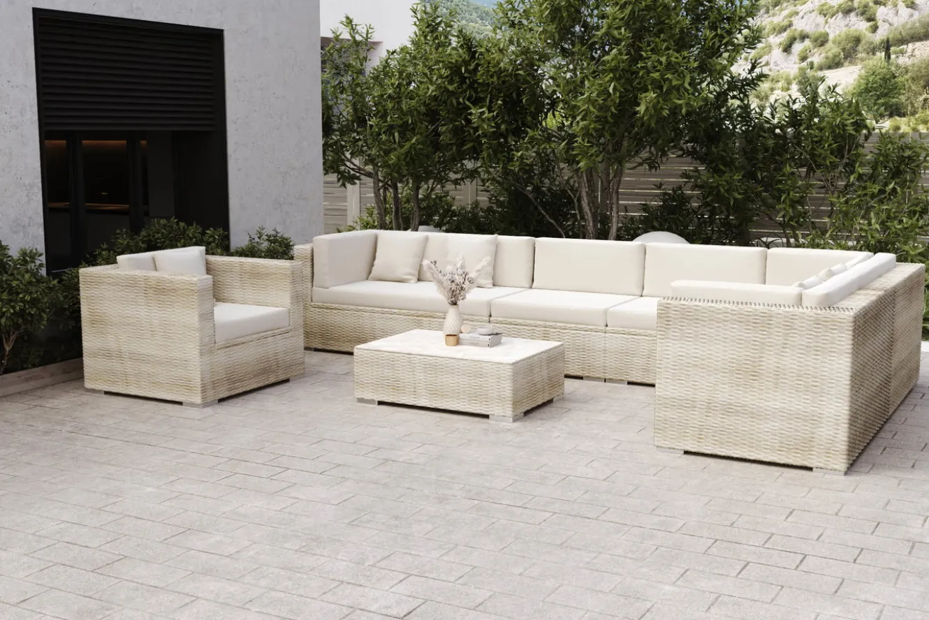 OUTFLEXX Gartenlounge für 8 Personen, desert-beige, Alu/Polyrattan, modular verstellbar, mit Kissenboxfunktion