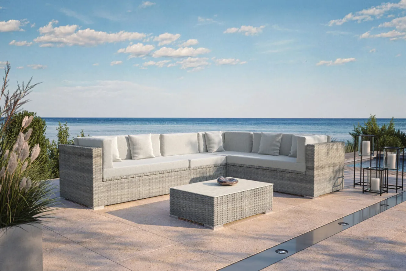 OUTFLEXX Gartenlounge für 6 Personen, desert-beige, Alu/Polyrattan, modular verstellbar, mit Kissenboxfunktion