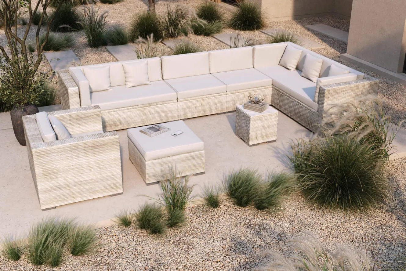 OUTFLEXX Gartenlounge für 8 Personen, desert-beige, Alu/Polyrattan, modular verstellbar, mit Kissenboxfunktion