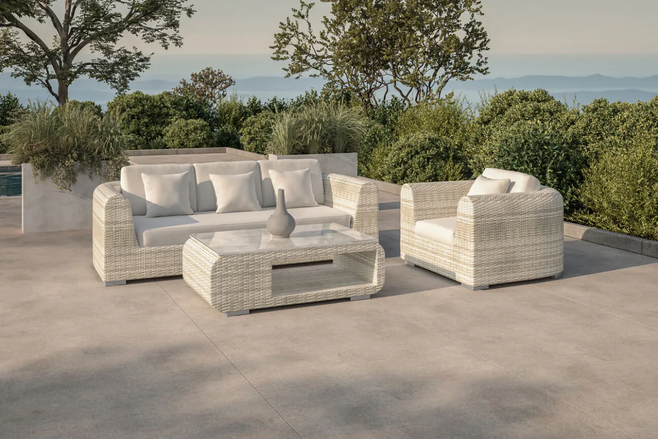 OUTFLEXX Gartenlounge für 4 Personen, beige-meliert, Alu/Polyrattan, Tisch 120 x 70 cm, langlebiges Material