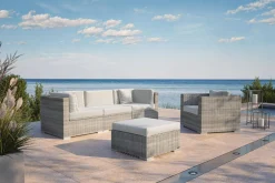 OUTFLEXX Gartenlounge für 4 Personen, beige, Alu/Polyrattan, 3-Sitzer Modul, Sessel & Hocker, mit Kissenboxfunktion