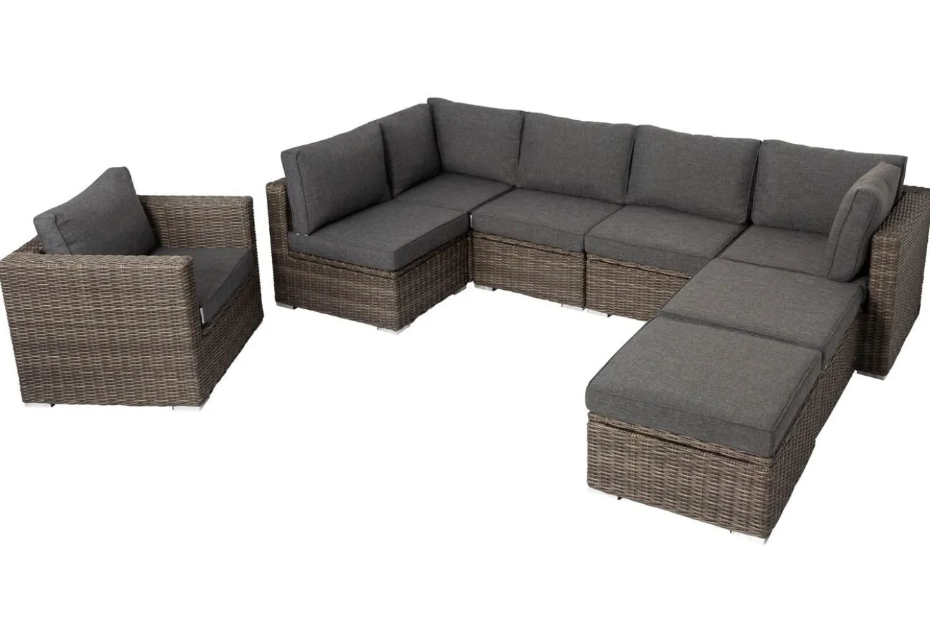OUTFLEXX Gartenlounge, grau, Polyrattan, 8Personen, mit Sessel, verstellbare Sitzflächen, wasserfeste Kissenbox
